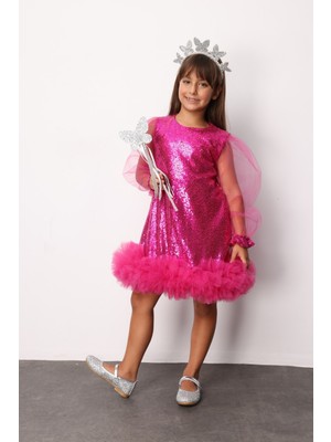 Fuşya  Pullu Etek Ucu Tüllü Kız Çocuk Elbise - Balenca