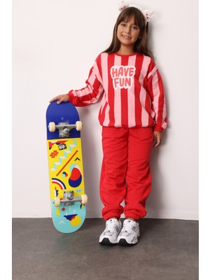 Kırmızı Have Fun Baskılı Çizgili Kız Çocuk Eşofman Takımı - Phoebe