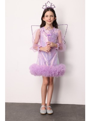 Lila  Pullu Etek Ucu Tüllü Kız Çocuk Elbise - Balenca