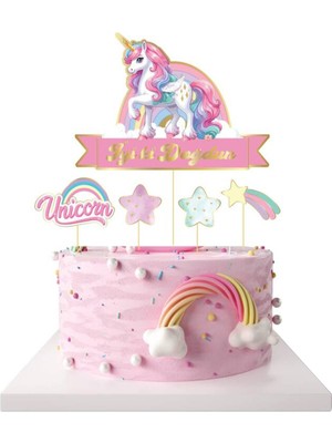 Pembe Unicorn Temalı Iyi Ki Doğdun 5'li Kürdan Pasta Süsü