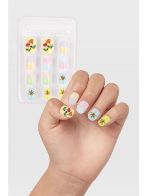 Children's Nails Çok Renkli Yaprak Desenli Kız Çocuk Takma Tırnak