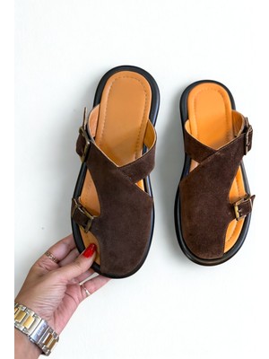 Kahve Süet Hakiki Deri Iki Tokalı Kadın Sabo Terlik