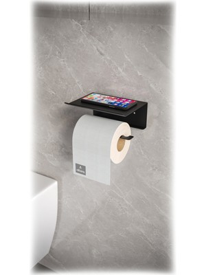 alfams by fmsa Metal Modern Raflı Tuvalet Kağıtlık – Telefon ve Aksesuar Askılı Wc Peçete Tutucu Siyah