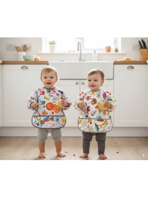 Yorni 2'li Set, Jungle ve Zoo 2-4yaş Uzun Kollu, Sıvı Geçirmeyen Bebek Önlük, Cepli ve Arkadan Cırtlı