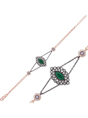 Blackcraft 925 Ayar Gümüş Rose Mat Yeşil Taşlı Otantik Bileklik (Bc-4dbdbf)