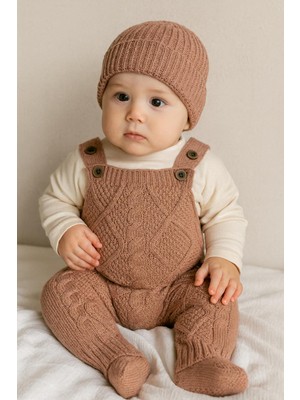 Kız Erkek Bebek Ayarlanabilir Askılı Baklava Desenli Bereli Triko Salopet Takımı