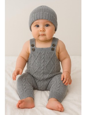 Kız Erkek Bebek Ayarlanabilir Askılı Baklava Desenli Bereli Triko Salopet Takımı