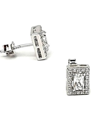 Pırlanta ışıltısında zirkon taşlı gümüş dikdörtgen tek taş küpe