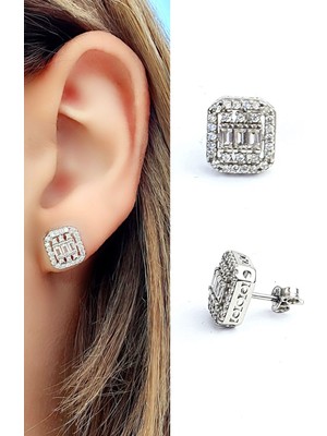 Pırlanta Parlaklığında Baget Zirkon Taşlı 925 ayar Gümüş Baget Küpe