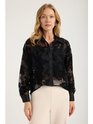 Şifon Kabartma Gül Desenli Gömlek