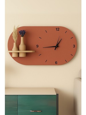 Modern Tasarım Raflı Oval Duvar Saati Renkli - Ahşap Dekoratif Duvar Saati Yatay