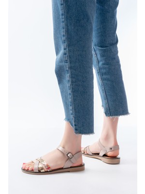 205-015 Bej Garni Ortopedik Hakiki Deri Kadın Sandalet