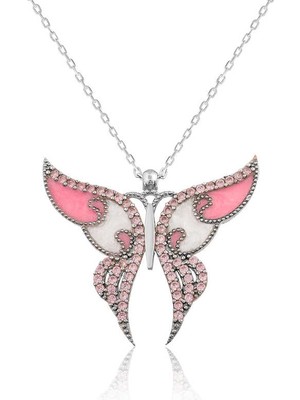 Blackcraft 925 Ayar Gümüş Pembe Kelebek Kadın Gümüş Kolye (BC-0F8ADF)