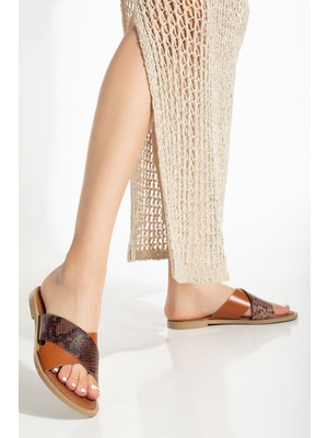 169-076 Taba Ortopedik Hakiki Deri Çapraz Bantlı Kadın Terlik