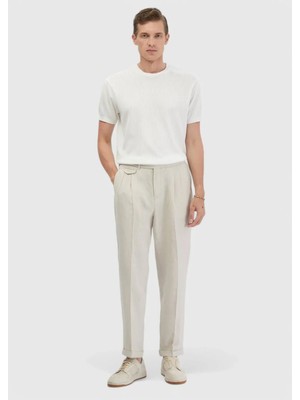 Kum Çizgili Dokuma Carrot Fit Casual %100 Keten Pantolon