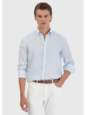 Mavi Çizgili Casual Fit Dokuma Casual %100 Keten Gömlek