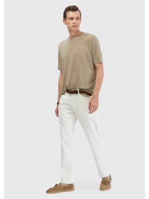 Ekru Düz Dokuma Regular Fit Casual Pamuk Karışımlı Pantolon