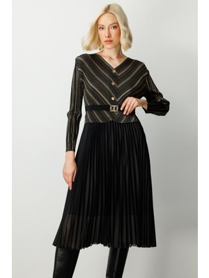 Ekol Eteği Piliseli V Yaka Elbise Siyah 04915