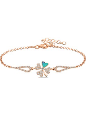 Blackcraft 925 Ayar Gümüş Rose Nazarlı Yonca Kadın Bileklik (BC-6E3AF9)