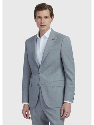 Gri Düz Modern Fit Yün Karışımlı Takım Elbise