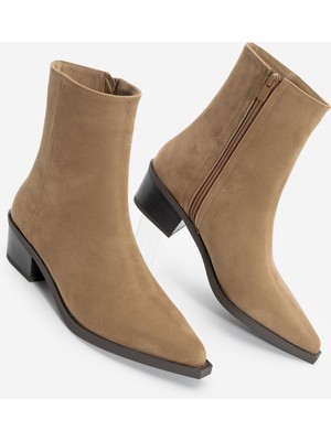 Marjin Kadın Sivri Burun Kovboy Kalın Topuk Western Bot Tahis Taba Süet