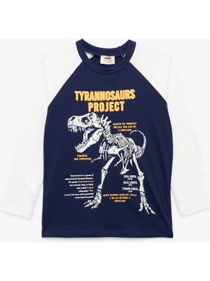 Uzun Kollu Bisiklet Yaka Dinozor Baskılı Pamuklu Tişört