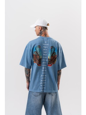 Erkek Snake Baskılı Yıkamalı Oversize T-Shirt Mavi