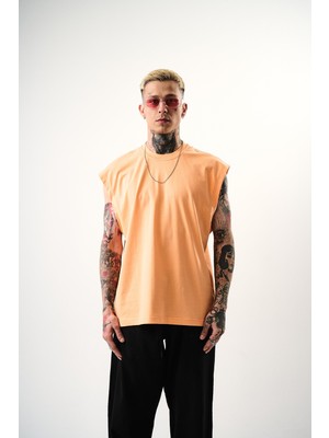 Erkek Basic Sıfır Kol Oversize T-Shirt Şeftali
