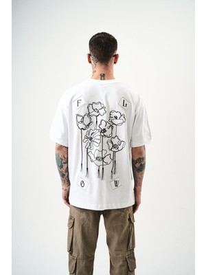 Erkek Flow Nakışlı Oversize T-Shirt Beyaz