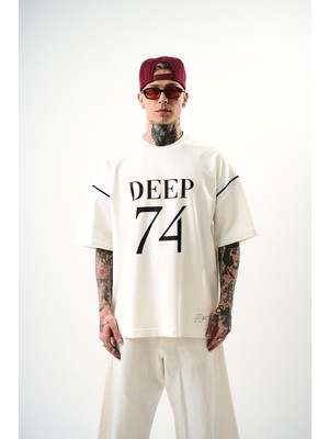 Erkek Deep 74 Baskılı Oversize T-Shirt Beyaz