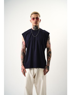 Erkek Basic Sıfır Kol Oversize T-Shirt Indigo