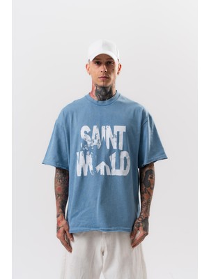 Erkek Star Baskılı Yıkamalı Oversize T-Shirt Mavi