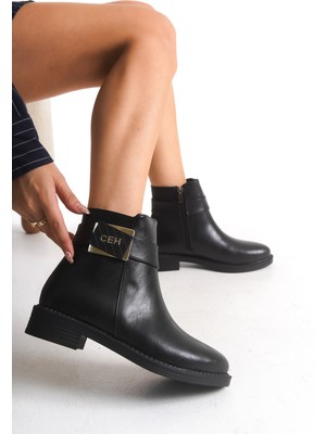 Alçak Taban Fermuarlı Yandan Ceh Yazılı Toka Detaylı Kısa Kadın Bot Bootie