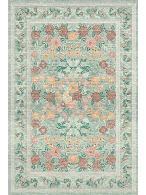 Vintage Çiçek Desenli Yeşil Dekoratif ve Yıkanabilir Dokuma Şönil Halı Bohem Oda Halısı