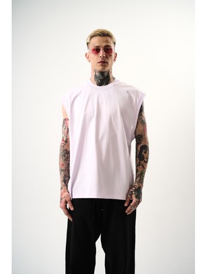 Erkek Basic Sıfır Kol Oversize T-Shirt Lila