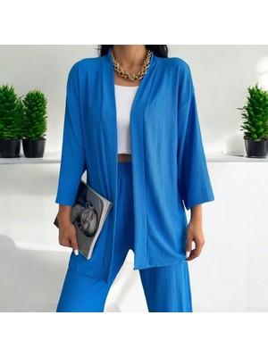 Sones Kozmetik Kadın Likralı Bürümcük Kumaş Yazlık 2li Alt-Üst Takım Saks Mavi