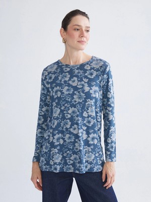 Lcw Grace Indigo Bisiklet Yaka Çiçekli Bluz