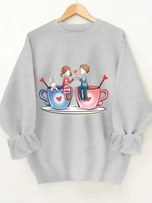 Kadın Kahve Aşkı Baskılı Bisiklet Yaka Oversize Sweatshirt