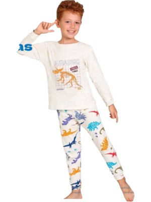 Elmpup Ekru Dinazor Desenli %100 Pamuk Erkek Çocuk Pijama Takımı 1-13 Yaş 3101