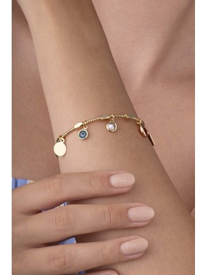 Göz Işlemeli Kırmızı Beyaz Altın Kaplama Kadın Charm Bileklik