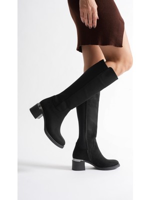 Strella Kadın Siyah Süet Arka Streçli Fermuarlı Kalın Topuklu Çizme