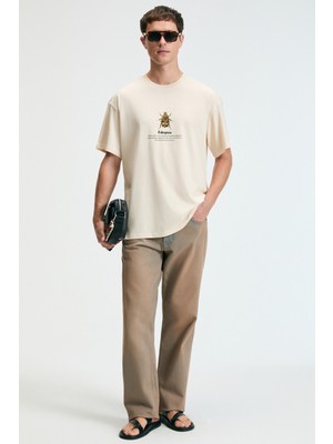 Grimelange BOLD Erkek %100 Pamuk Oversize Fit Baskılı Kısa Kollu Yuvarlak Yakalı Vanilya T-Shirt