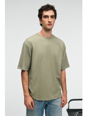 Grimelange VINTAGE Erkek Kısa Kollu Yuvarlak Yaka Dokulu Gofre Kumaş Regular Fit Haki T-Shirt