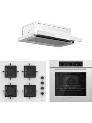 Ferre QBL62CB - SS206 -D037 60 cm Beyaz Cam Turbolu Aspiratörlü Ankastre Set - Yeni