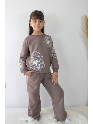 Kahverengi Taş Detaylı Geniş Paçalı Kız Çocuk Eşofman Takımı