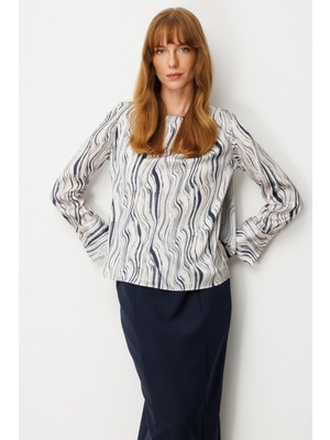 Ekol Omzu Metal Broşlu Desenli Bluz Siyah 03015