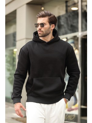 Siyah Kapüşonlu Kanguru Cep Erkek Sweatshirt E7163