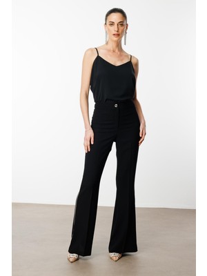 Moda Ilgi Kadın Yanı Şerit Taş Aksesuarlı Pantolon 0077 Siyah