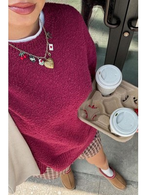 Bordo Bisiklet Yaka Kadın Buklet Kazak MG2480