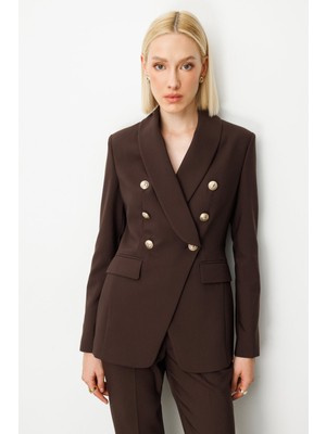 Ekol Kadın Kruvaze Yaka Kapak Cepli Ceket 5013 Kahverengi